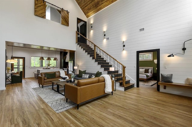 living room with wood ceiling, wood-type flooring, and high vaulted ceiling