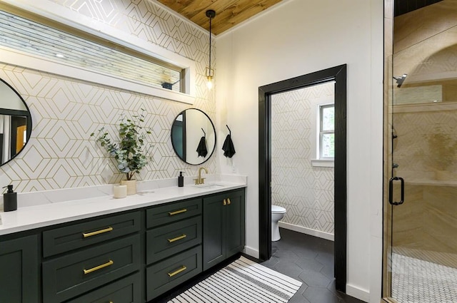 bathroom featuring vanity, toilet, and walk in shower