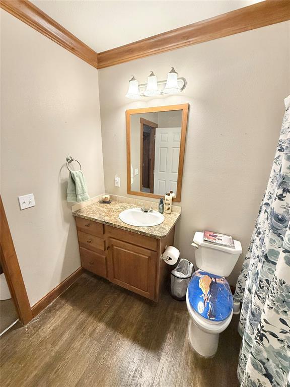 bathroom with toilet, ornamental molding, vanity, wood finished floors, and baseboards