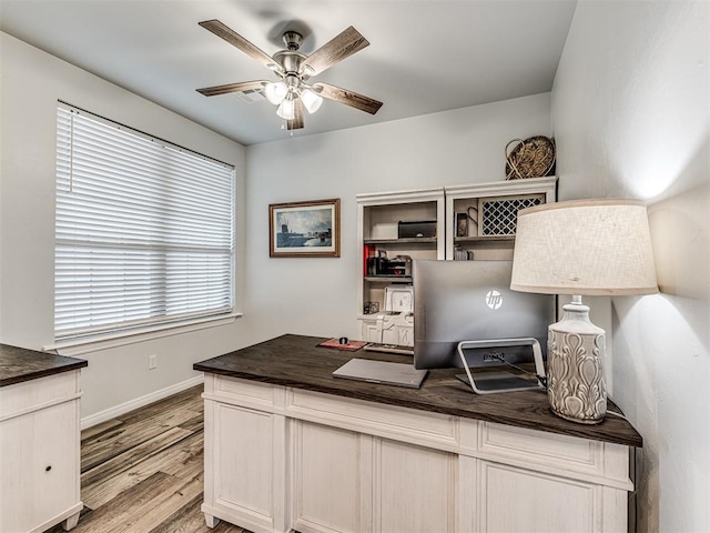 office area featuring ceiling fan and light hardwood / wood-style floors