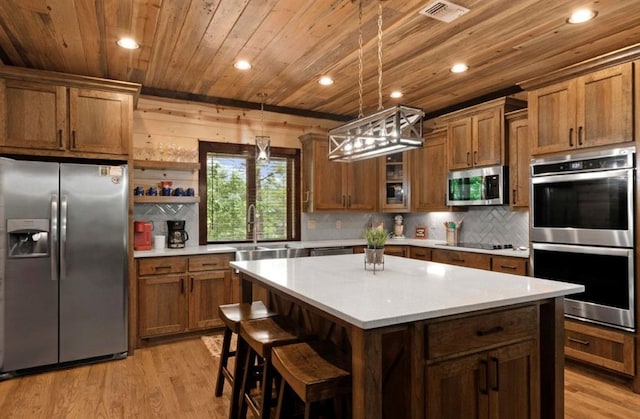 kitchen with pendant lighting, sink, a center island, wood ceiling, and stainless steel appliances