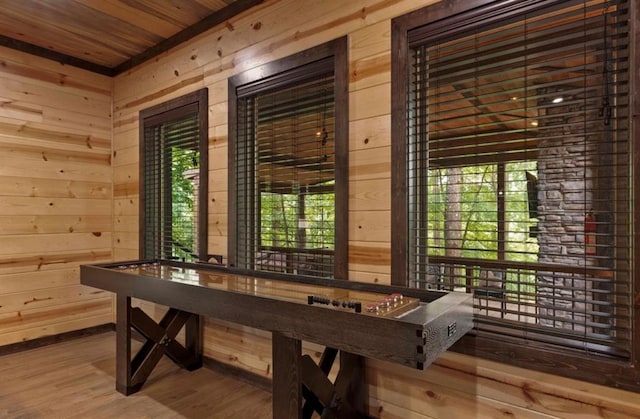 game room with wood-type flooring, a wealth of natural light, and wooden walls