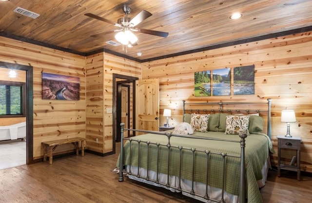 bedroom featuring hardwood / wood-style floors, wooden ceiling, and wood walls