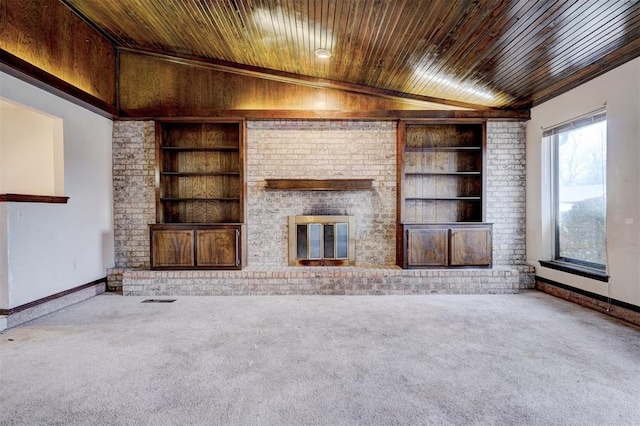 unfurnished living room featuring a brick fireplace, built in features, and wood ceiling