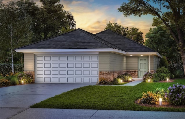 view of front of property featuring brick siding, an attached garage, a shingled roof, a front yard, and driveway