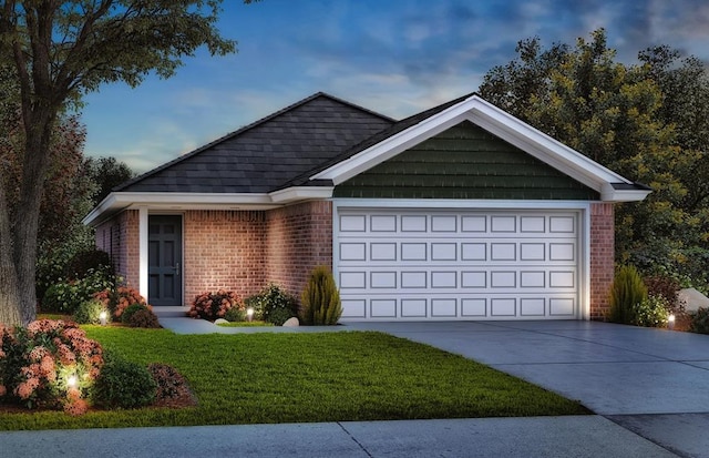 single story home with a garage, a front lawn, brick siding, and driveway