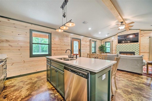 670 Pine Meadow Ln, Broken Bow, OK 74728 - kitchen featuring sink, green cabinetry, hanging light fixtures, dishwasher, and an island with sink