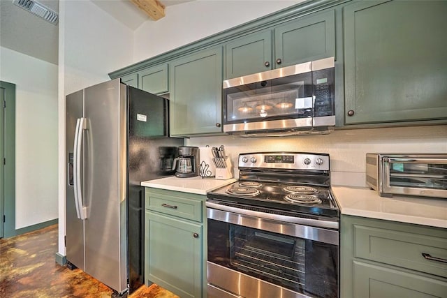 670 Pine Meadow Ln, Broken Bow, OK 74728 - kitchen featuring stainless steel appliances, beam ceiling, and green cabinets
