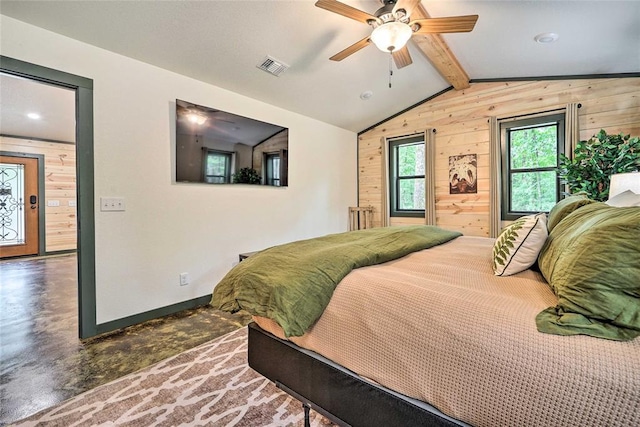 670 Pine Meadow Ln, Broken Bow, OK 74728 - bedroom with vaulted ceiling with beams, ceiling fan, and wood walls