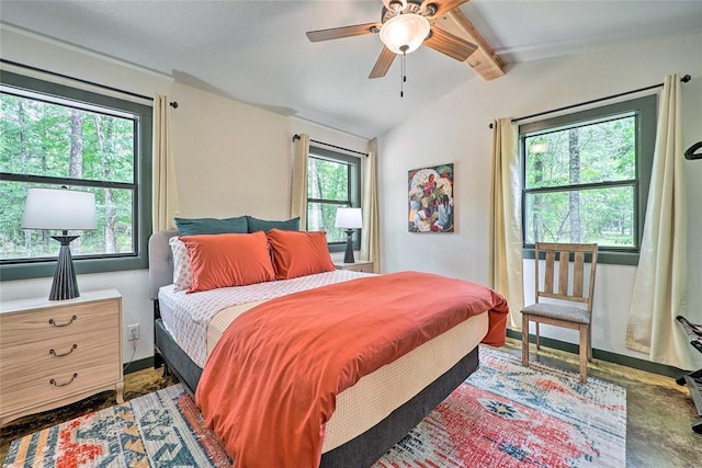 670 Pine Meadow Ln, Broken Bow, OK 74728 - bedroom featuring vaulted ceiling with beams and ceiling fan