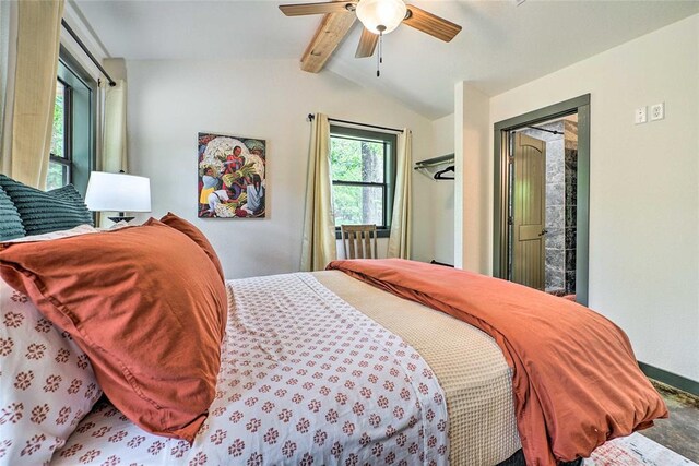 670 Pine Meadow Ln, Broken Bow, OK 74728 - bedroom featuring lofted ceiling with beams, access to outside, and ceiling fan