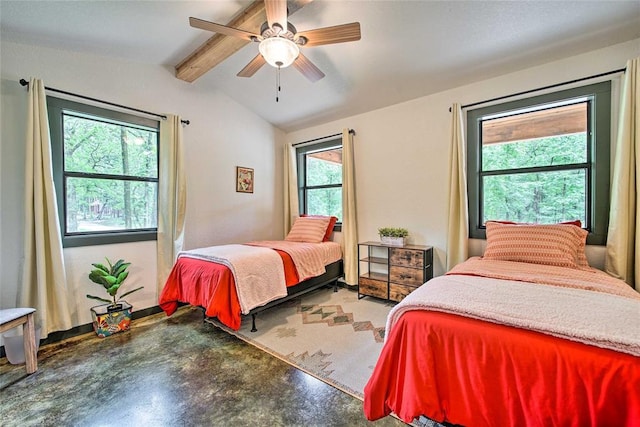 670 Pine Meadow Ln, Broken Bow, OK 74728 - bedroom featuring lofted ceiling with beams, ceiling fan, and multiple windows