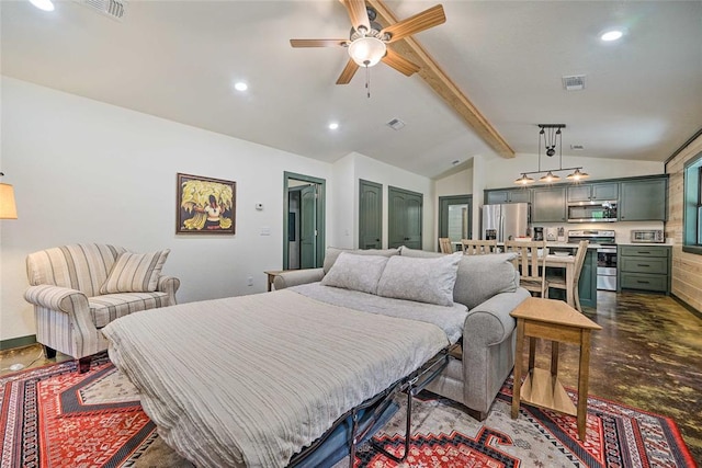 670 Pine Meadow Ln, Broken Bow, OK 74728 - bedroom featuring stainless steel refrigerator with ice dispenser, vaulted ceiling with beams, and concrete floors