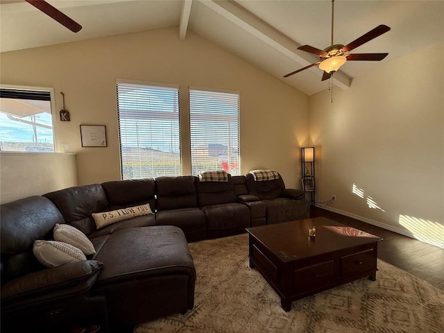 living room with lofted ceiling with beams and ceiling fan