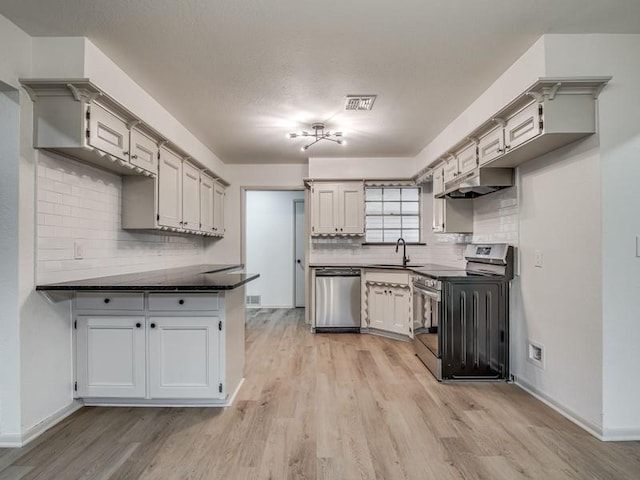 kitchen with backsplash, light wood-type flooring, sink, and appliances with stainless steel finishes