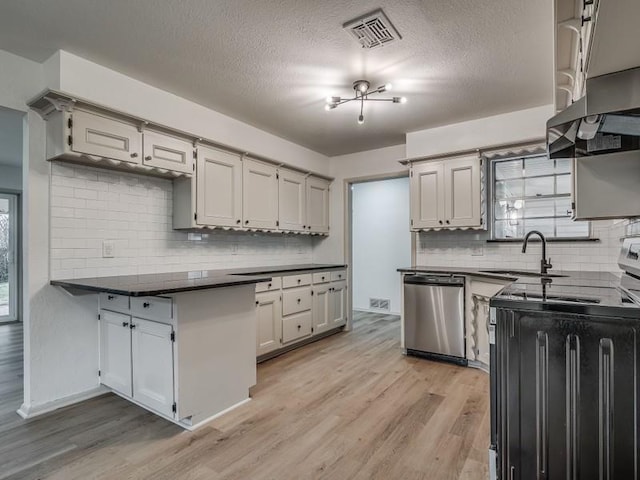 kitchen featuring sink, light wood-type flooring, stainless steel dishwasher, electric range, and a textured ceiling