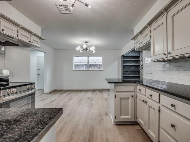 kitchen with stainless steel range with electric cooktop, light hardwood / wood-style flooring, kitchen peninsula, dark stone counters, and backsplash