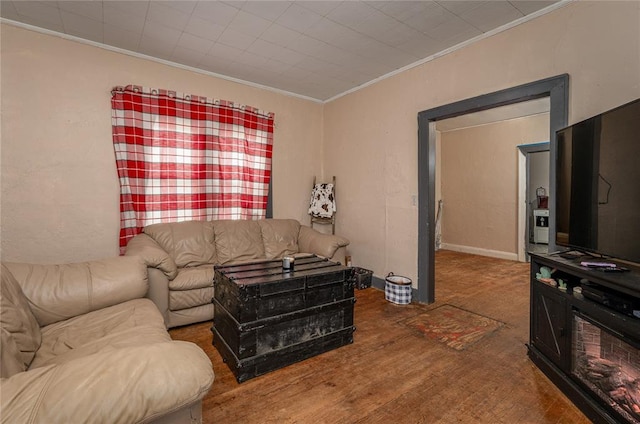 living room with hardwood / wood-style flooring and crown molding