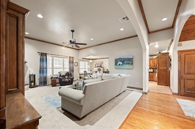 329826 E Hwy 66, Wellston, OK 74881 - living room featuring ceiling fan, crown molding, recessed lighting, baseboards, and light wood finished floors
