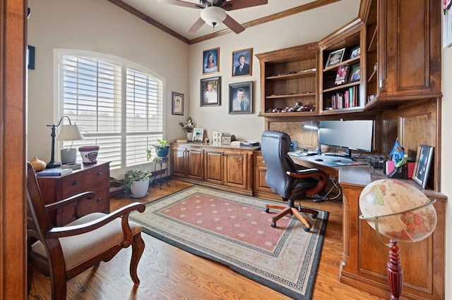329826 E Hwy 66, Wellston, OK 74881 - office featuring light wood-style flooring, a ceiling fan, ornamental molding, and built in study area
