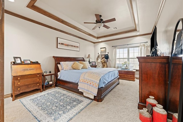 329826 E Hwy 66, Wellston, OK 74881 - carpeted bedroom featuring a raised ceiling, crown molding, and a ceiling fan