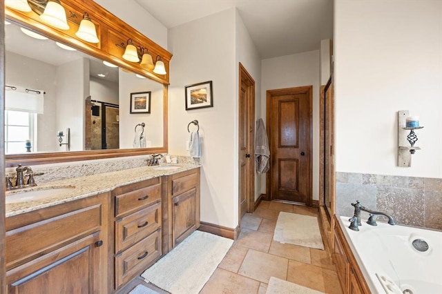 329826 E Hwy 66, Wellston, OK 74881 - full bathroom with a bath, stone tile floors, double vanity, a shower with shower door, and baseboards