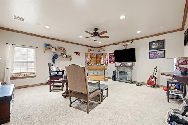 329826 E Hwy 66, Wellston, OK 74881 - living room with carpet flooring, baseboards, crown molding, a ceiling fan, and recessed lighting