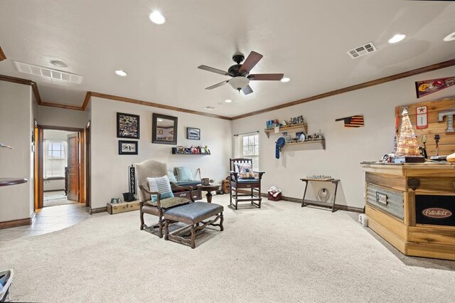 329826 E Hwy 66, Wellston, OK 74881 - living area with carpet, a ceiling fan, baseboards, recessed lighting, and crown molding