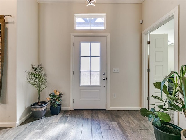 3683 King Arthur Ct, Newcastle, OK 73065 - foyer entrance featuring baseboards, wood finished floors, plenty of natural light, and crown molding