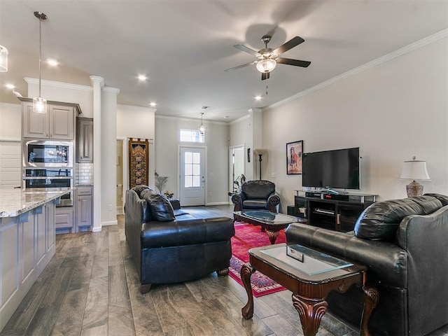 3683 King Arthur Ct, Newcastle, OK 73065 - living room featuring dark wood-type flooring, a ceiling fan, crown molding, recessed lighting, and baseboards
