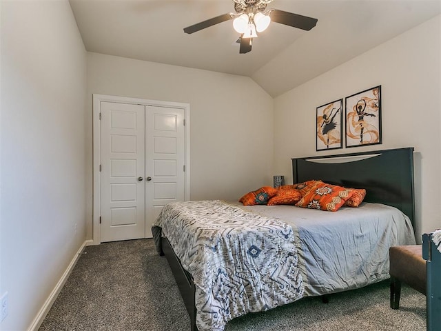 3683 King Arthur Ct, Newcastle, OK 73065 - bedroom with carpet flooring, baseboards, vaulted ceiling, a closet, and ceiling fan