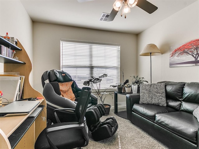 3683 King Arthur Ct, Newcastle, OK 73065 - living area with a ceiling fan, carpet floors, and a desk