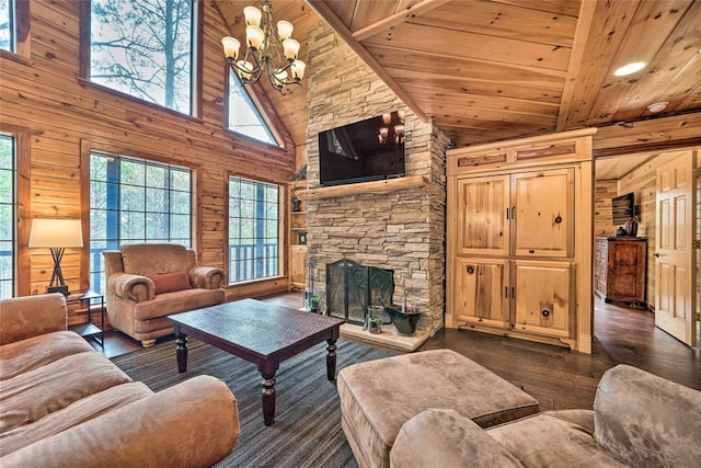 living room featuring wood ceiling, a fireplace, wooden walls, and dark hardwood / wood-style flooring