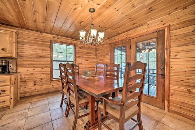 dining area featuring wooden walls, a chandelier, and wooden ceiling