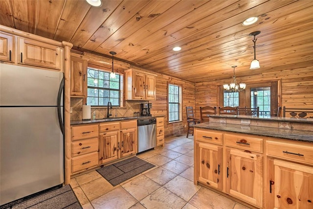 kitchen featuring pendant lighting, stainless steel appliances, sink, and wooden ceiling