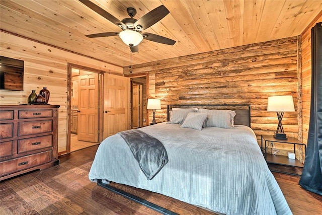 bedroom with ceiling fan, wood ceiling, dark wood-type flooring, and rustic walls