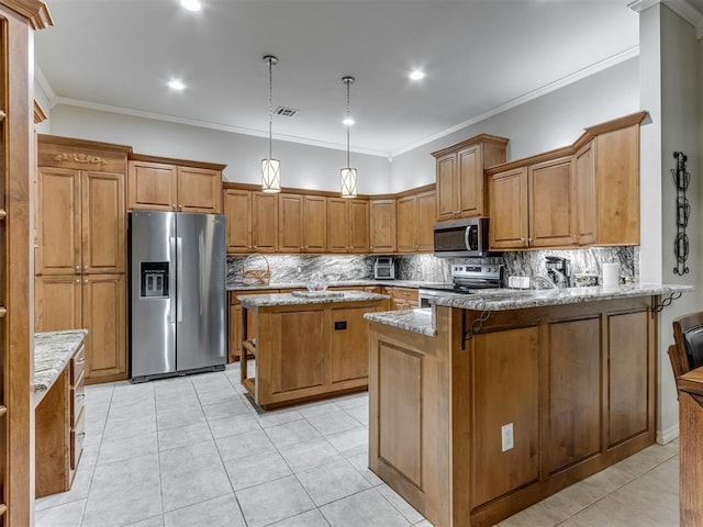 kitchen with stainless steel appliances, a kitchen breakfast bar, light stone counters, and kitchen peninsula