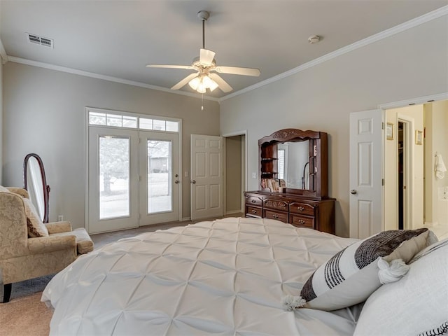 bedroom featuring ornamental molding, carpet, access to exterior, and ceiling fan