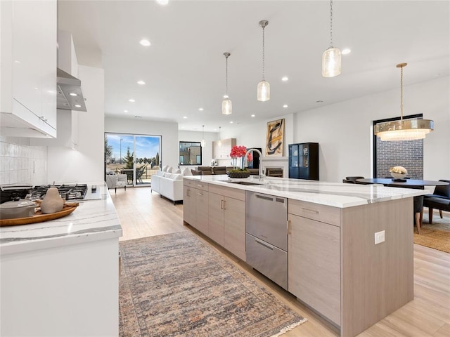 kitchen with light wood-style floors, a sink, and modern cabinets