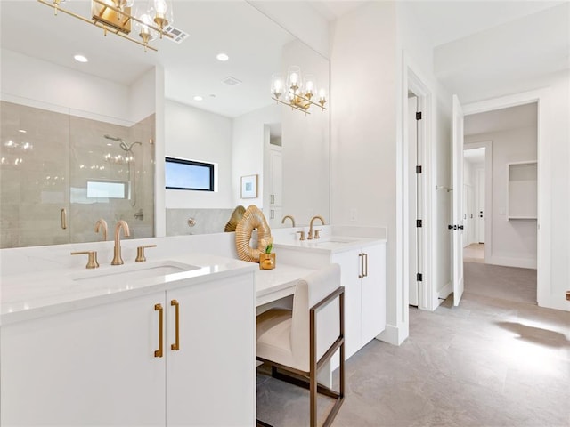 full bath featuring recessed lighting, visible vents, a stall shower, vanity, and baseboards