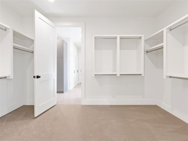 walk in closet with light carpet