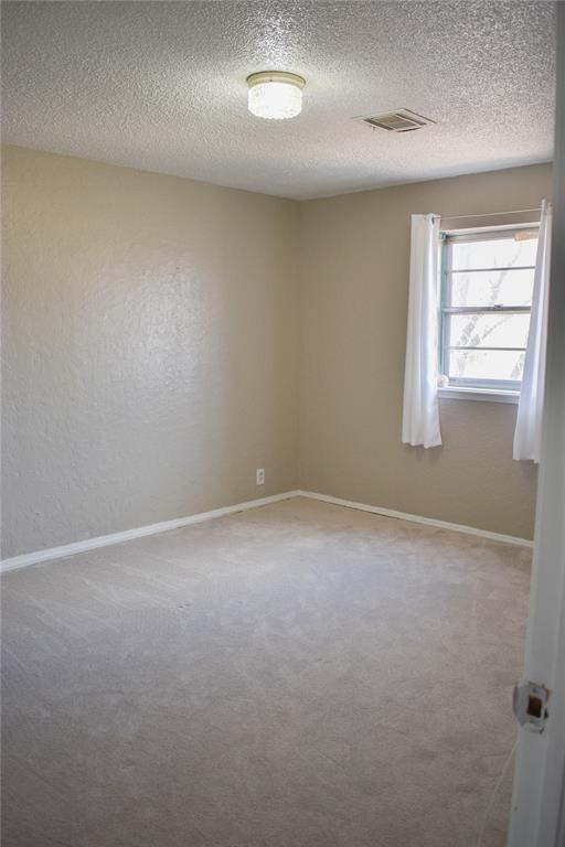 empty room featuring a textured ceiling and carpet flooring