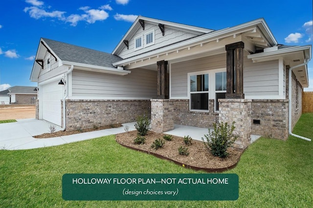 view of front of property featuring a front yard, a garage, and a porch