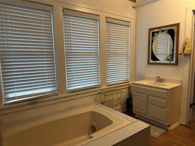 bathroom with hardwood / wood-style flooring, vanity, and a tub to relax in