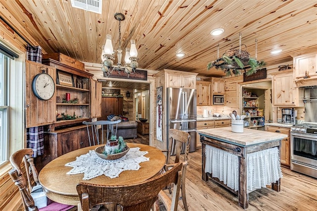 dining area with a notable chandelier, wood ceiling, light hardwood / wood-style flooring, and wood walls