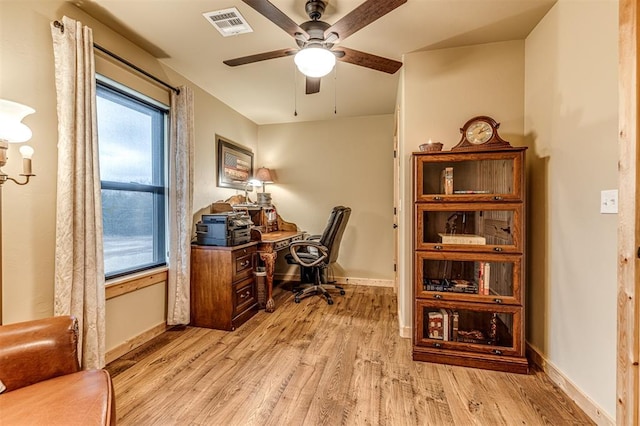 home office featuring ceiling fan and light wood-type flooring