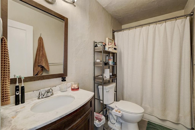 bathroom featuring shower / bathtub combination with curtain, toilet, a textured ceiling, vanity, and a textured wall