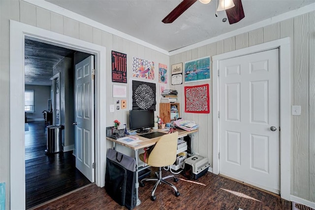 home office with ceiling fan, wood finished floors, and ornamental molding