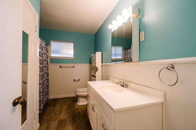 bathroom featuring vanity, toilet, hardwood / wood-style floors, and a wealth of natural light