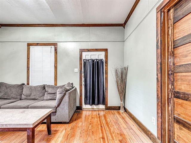 living room with crown molding and light hardwood / wood-style flooring